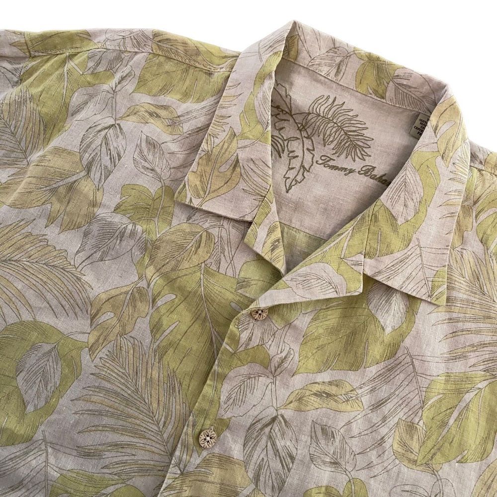 Tommy Bahama Yellow Green‎ Hawaiian 100% Linen Short Sleeve Button Up XLarge